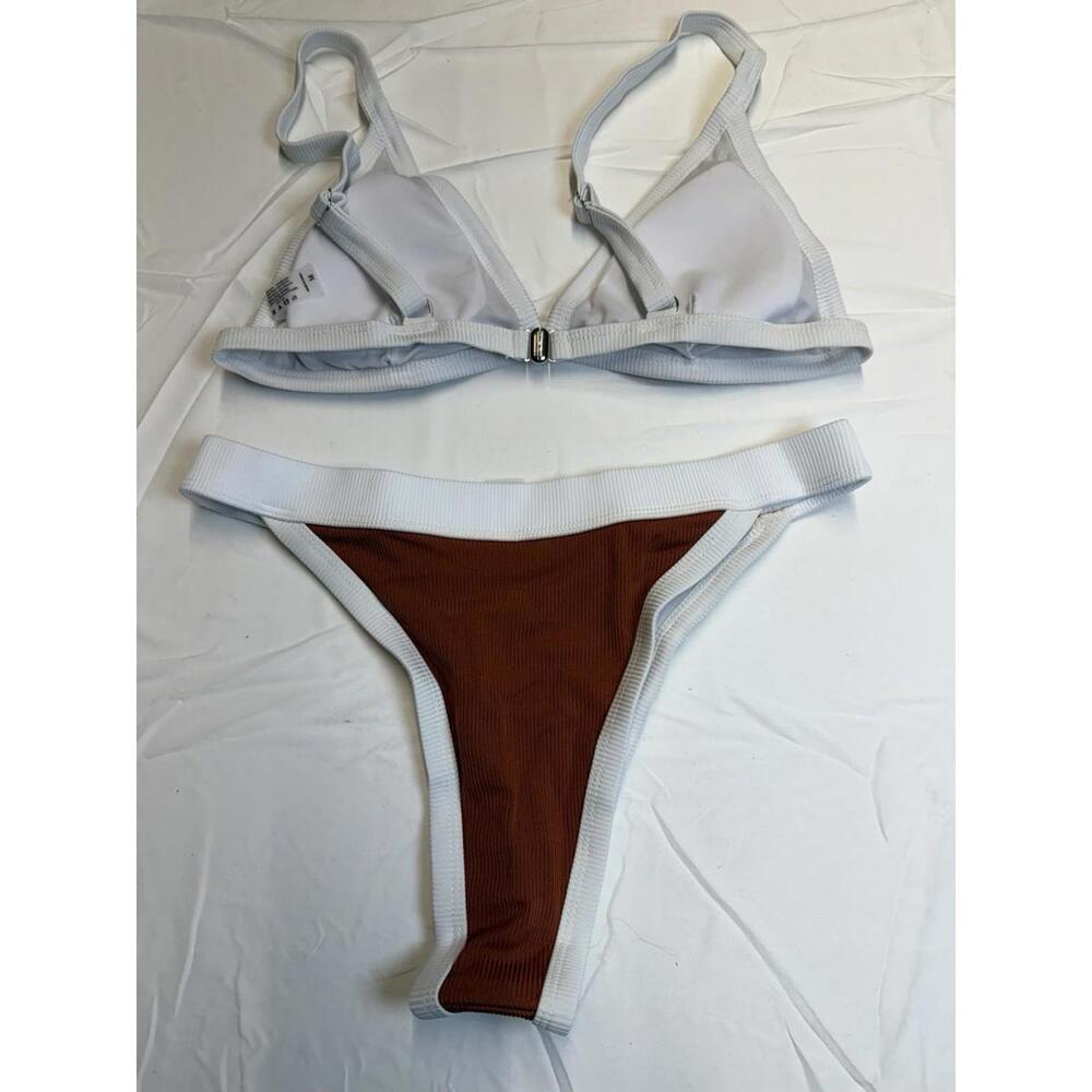 NWOT Brown & White Contrast Binding Triangle Bikini Swimsuit Standout Summer - Picture 2 of 6
